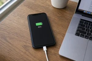 Smartphone med 80 procents batteri på ett skrivbord, ett vanligt scenario när man undrar hur länge håller en mobiltelefon.