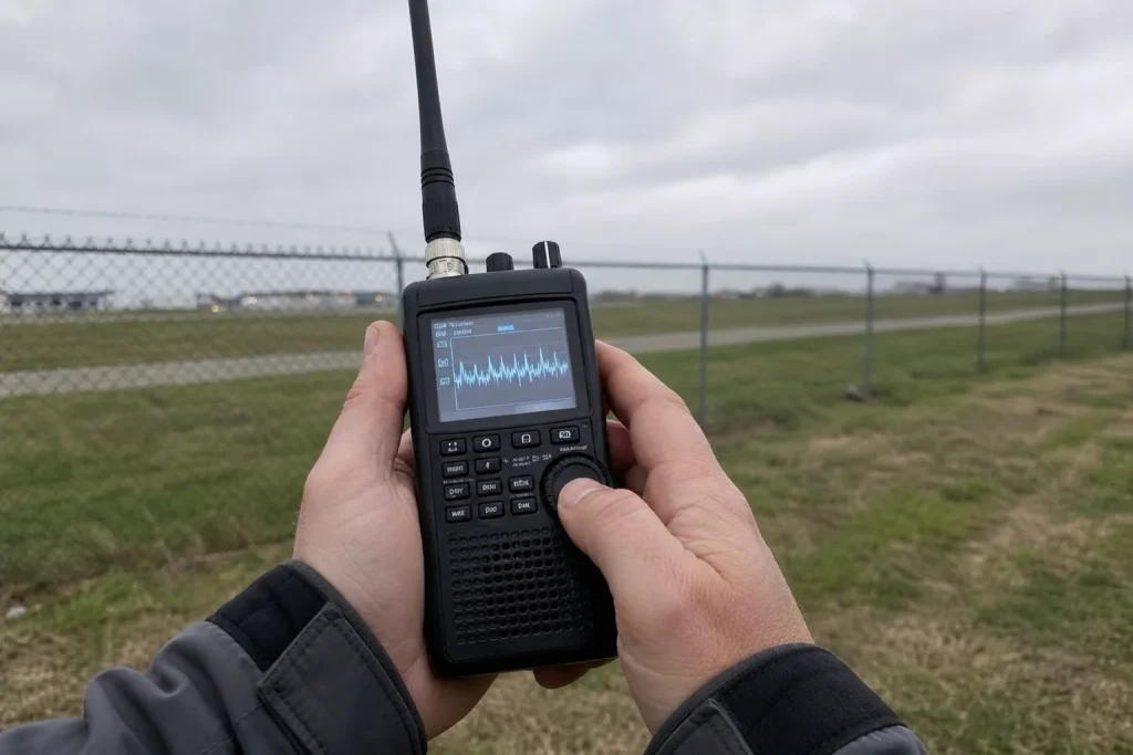Person håller en radiofrekvensscanner utomhus, en del av lösningar för att hantera drönare som bryter mot flygsäkerhetsför...