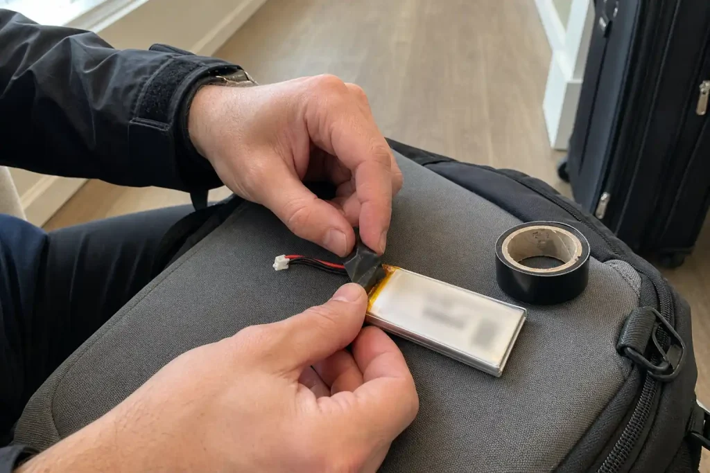 Händer tejpar över blottade kontakter på ett lipo batteri innan resa, väska syns i bakgrunden.