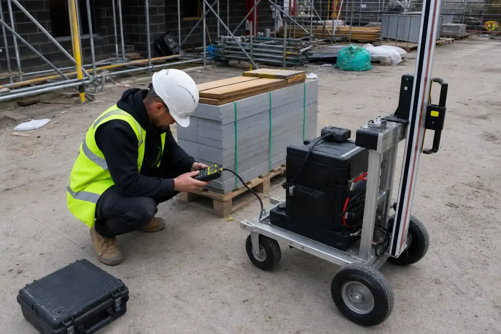 Byggarbetare kontrollerar mätare vid batteripack för trådlös laddning drönare på byggarbetsplats