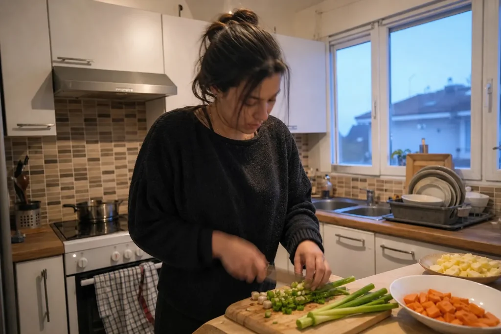 Person hackar grönsaker i köket, avbildad med en vlogg-kamera fickformat i handen på köksbänken.