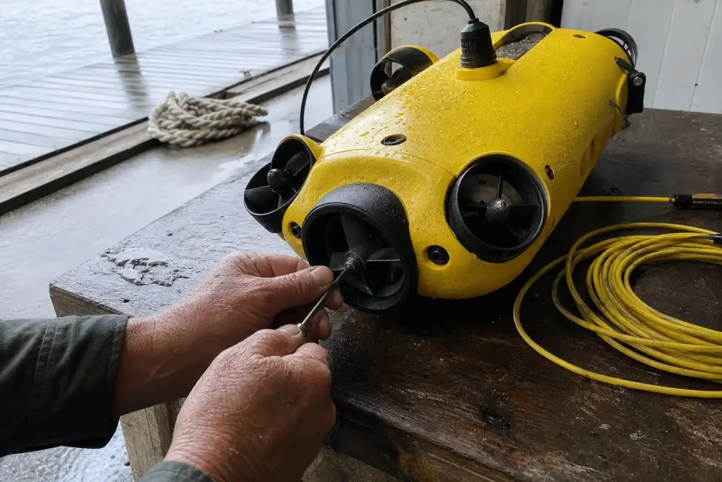 Väderbitna händer justerar propellern på en gul drönare som kan simma, på en verkstadsbänk vid en brygga.