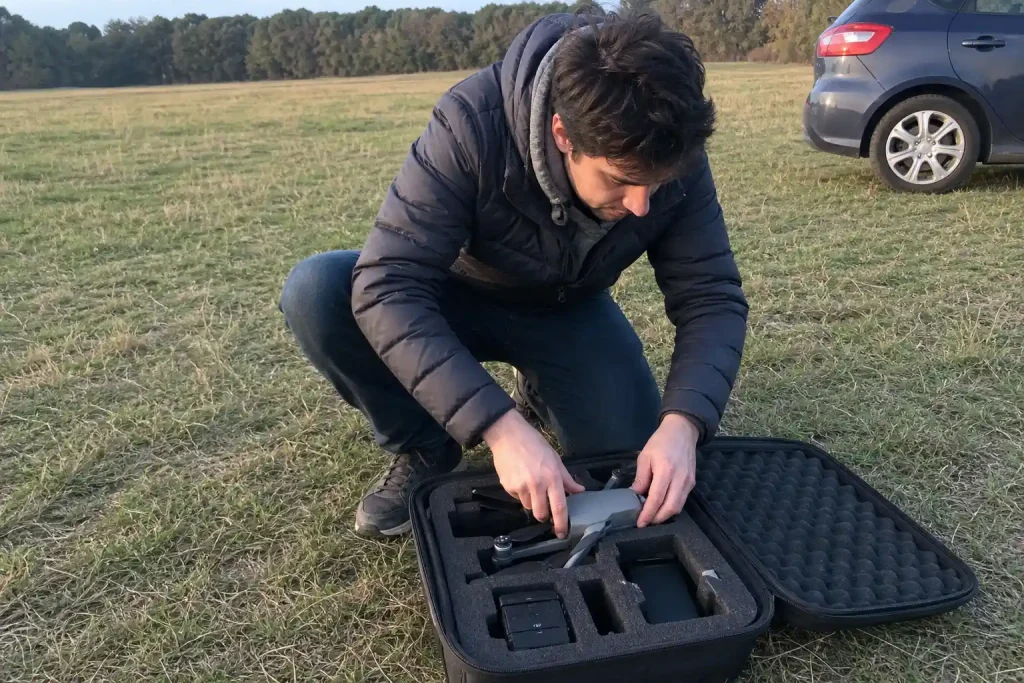 En person packar ner en drönare i en väska på en gräsmatta, en del av lösningar för att hantera drönare som bryter mot fly...
