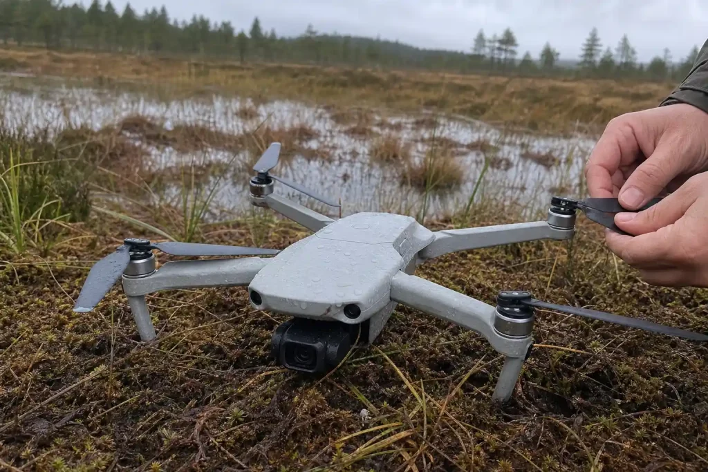 En drönare vilar i mossen medan en hand justerar en propeller, del av kamerabevakning med drönare vid Grimsås mosse.