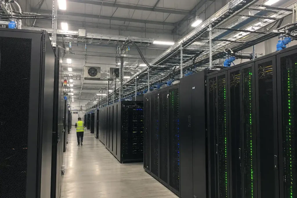 Långa rader med serverracks i en ai gruva, en tekniker syns längre bort med en surfplatta.