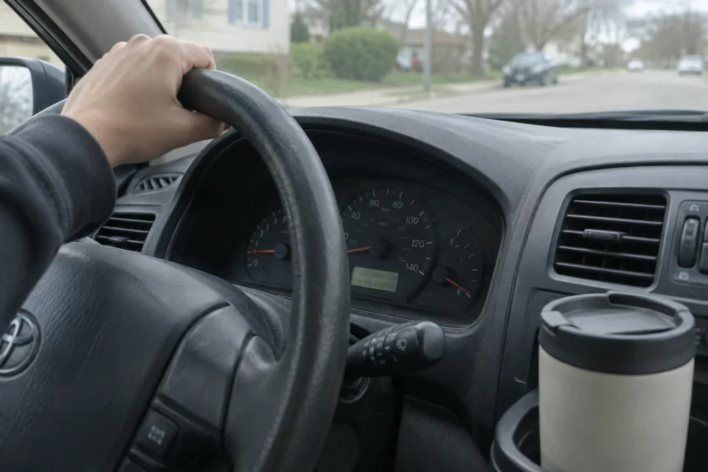 Bildashboard med mätarpanel fotograferat snabbt i bilen, tema 10 000 svenska batteritest så presterar begagnade elbilsmode...