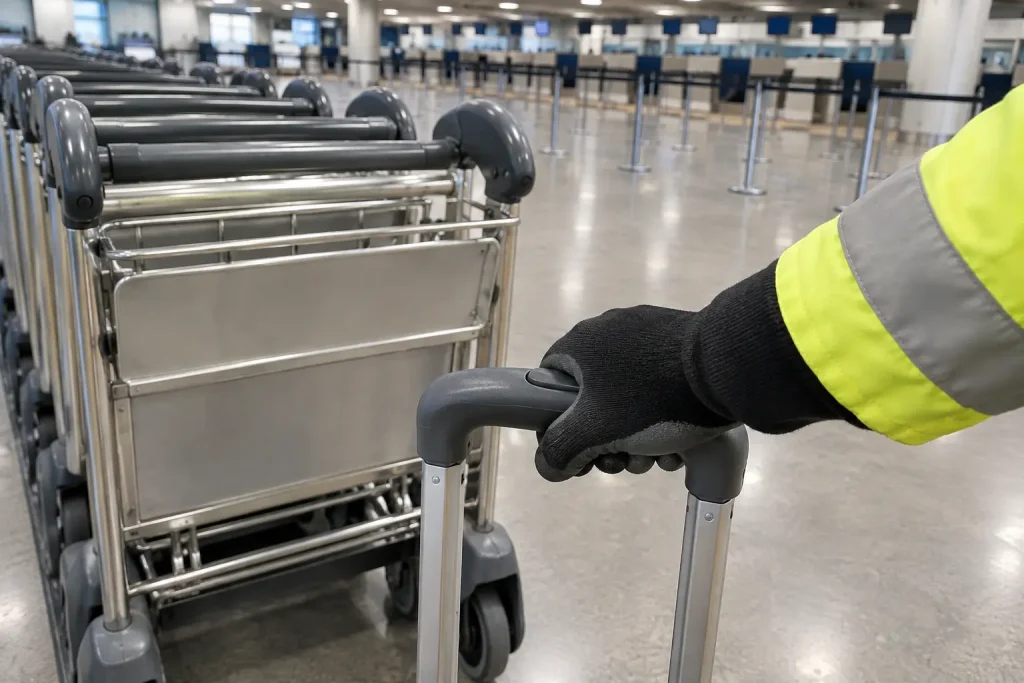 Markpersonal i varselkläder drar bagagekärror på flygplatsen, ett vardagsmoment kring Varför kan små drönare förlama hela ...