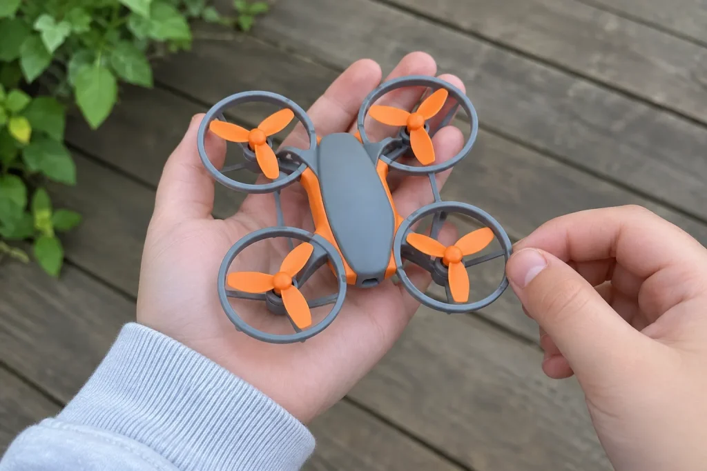 En liten drönare barn håller i handflatan innan flygning